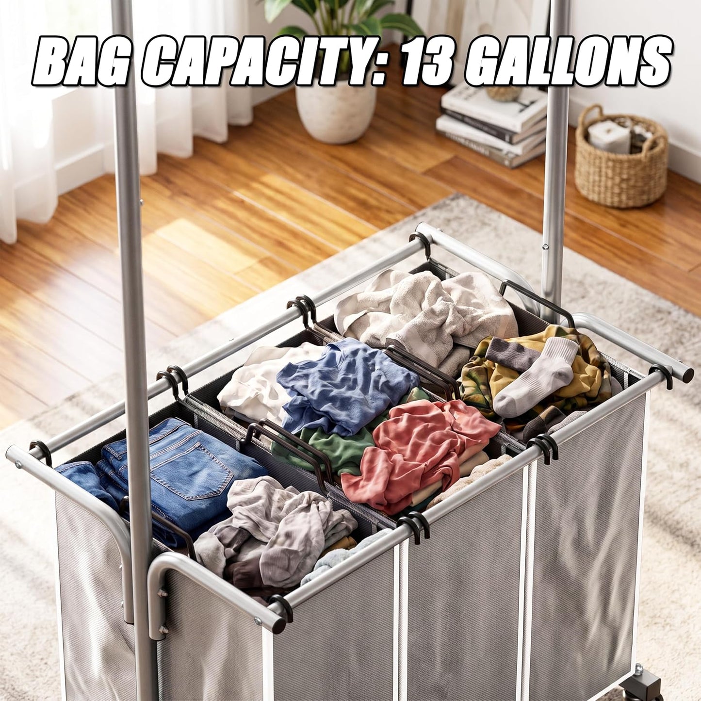 Simple Houseware Laundry Sorter Cart with Hanging Rod, Silver | Extendable Width from 30.25 to 49.25", Removable 3-Section Laundry Basket
