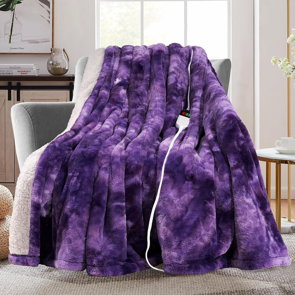 MAXEVE Electric Heated Throw Faux Rabbit Fur Blanket 8 Heating Levels