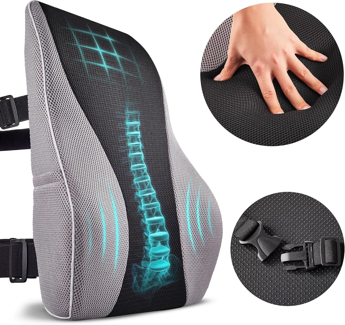 TULARIS Extra Dense Lumbar Pillow with Double Adjustable Straps - Ergonomic Lumbar Support Pillow for Office Chair, Car, Couch Firm Back Support for Lower Back & Spine Pain Relief Memory Foam Cushion