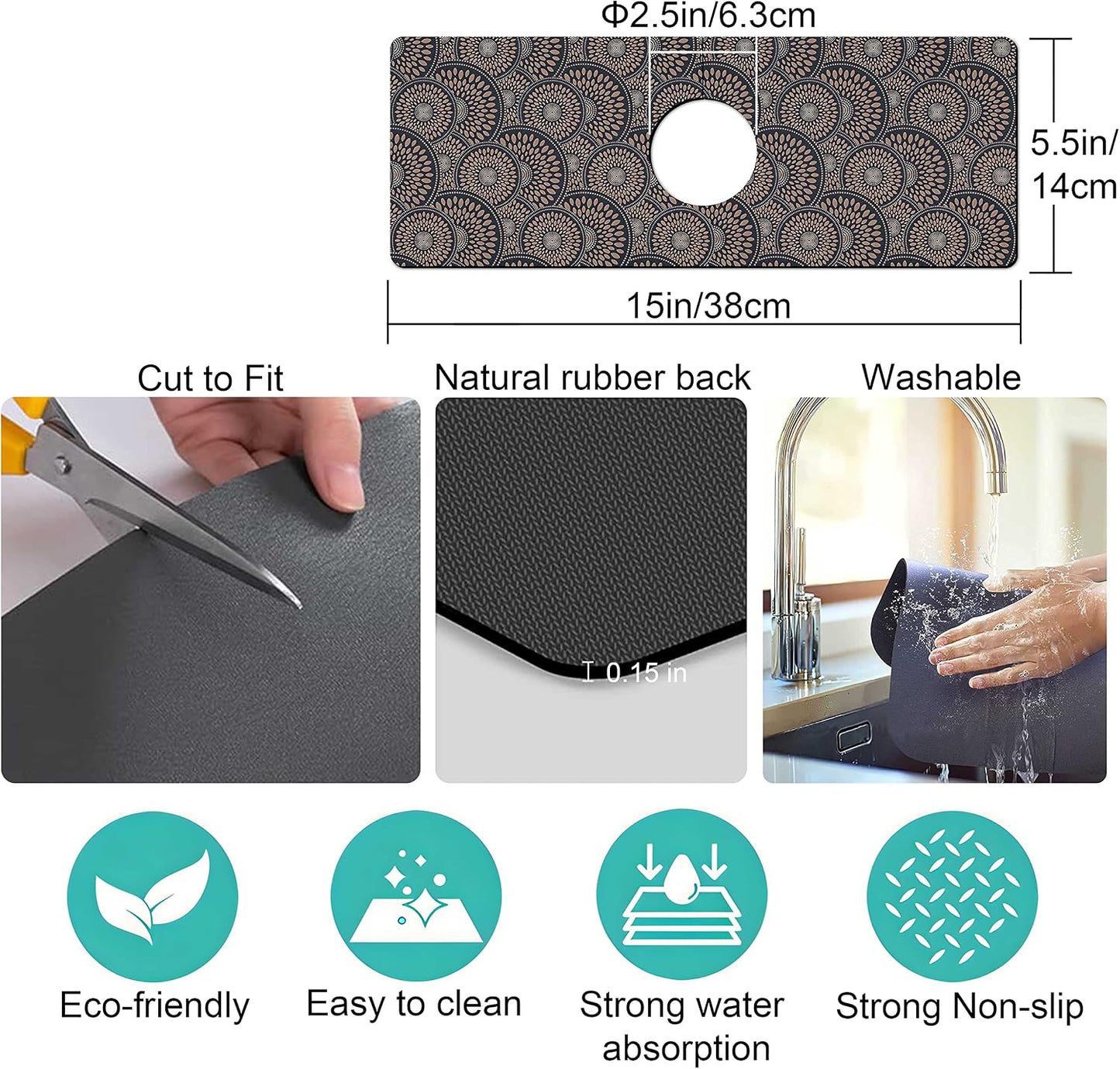 Kitchen Sink Splash Guard Faucet Mat Super Absorbent Fast Drying Mat Sink Gadgets Splash Guard Behind Faucet Drip Catcher for Kitchen (Pink Red Roses Floral, 23.5x5.5in)
