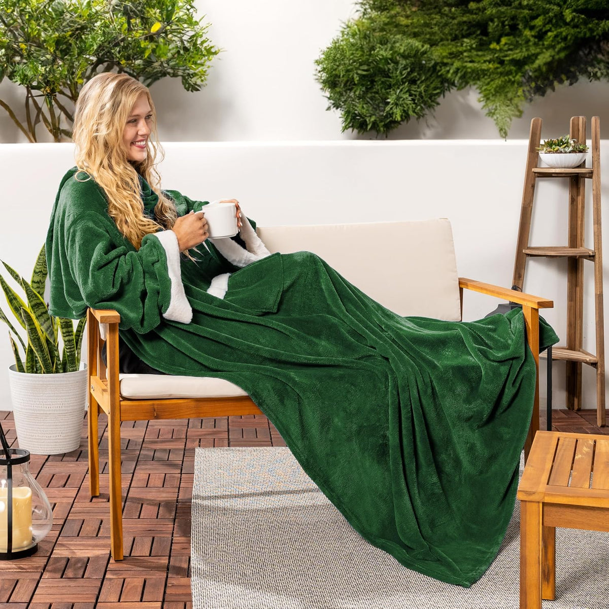 PAVILIA Wearable Blanket with Sleeves and Pocket for Women Men, Sherpa Trim