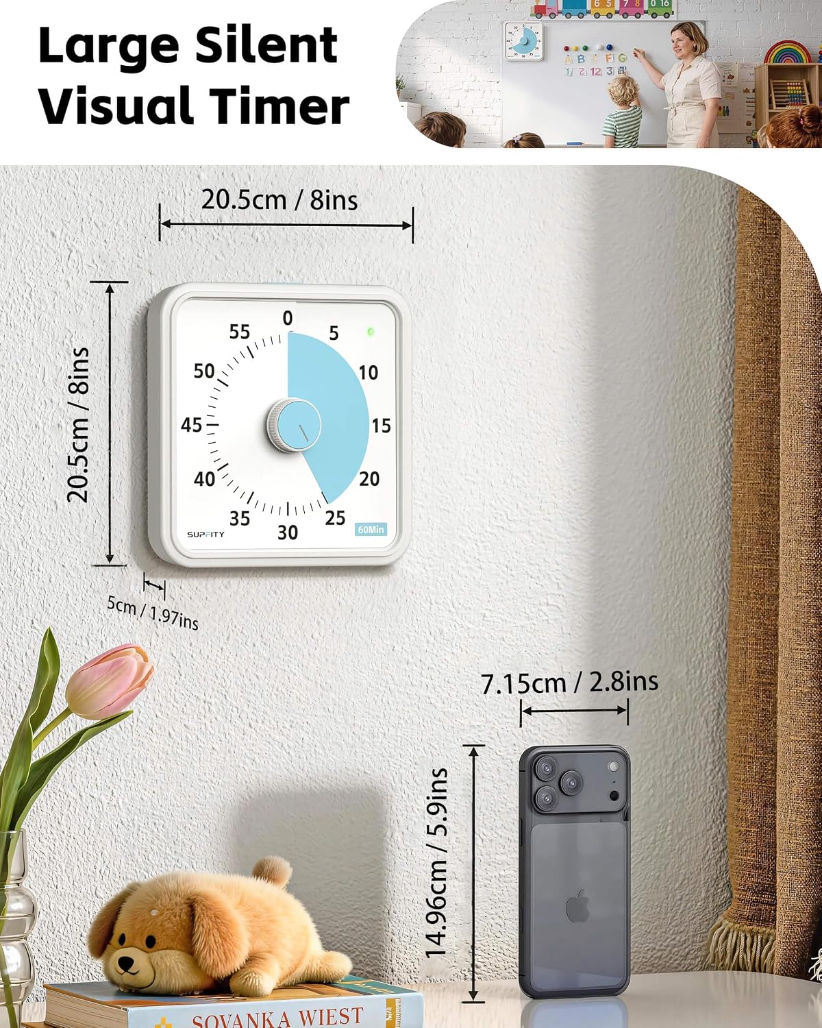 8-Inch Large Visual Timer for Kids 60-Minute Classroom Timer Magnetic | Countdown Timer with Pause Kickstands, Time Management Tool ADHD Timer Home School Kitchen and Office