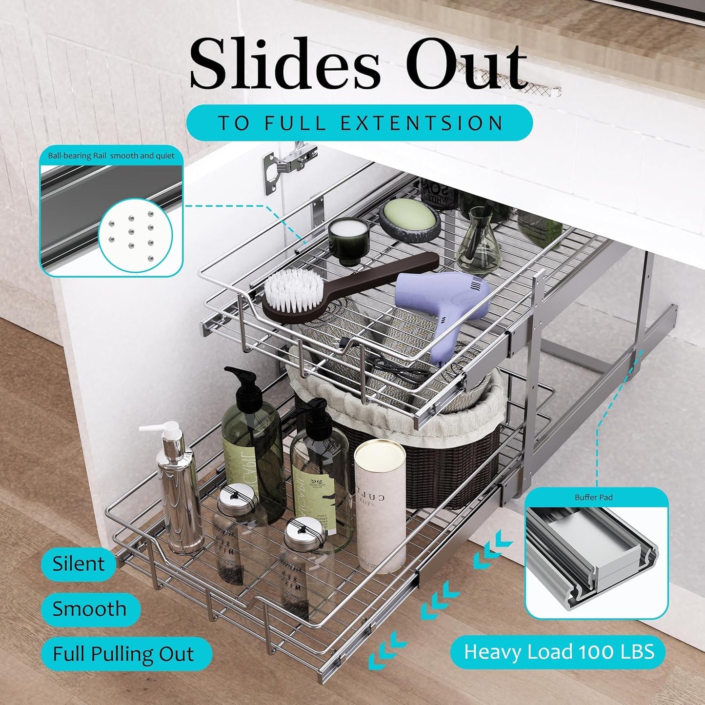 Pull Out Cabinet Organizer 15" W X 22" D, Chromed, Full Slide Out Drawers | For Kitchen Organizers and Storage, Pull Out Drawers For Cabinets Capacity Heavy Duty Caddy, Cabinet Shelves, Bathroom Pantry