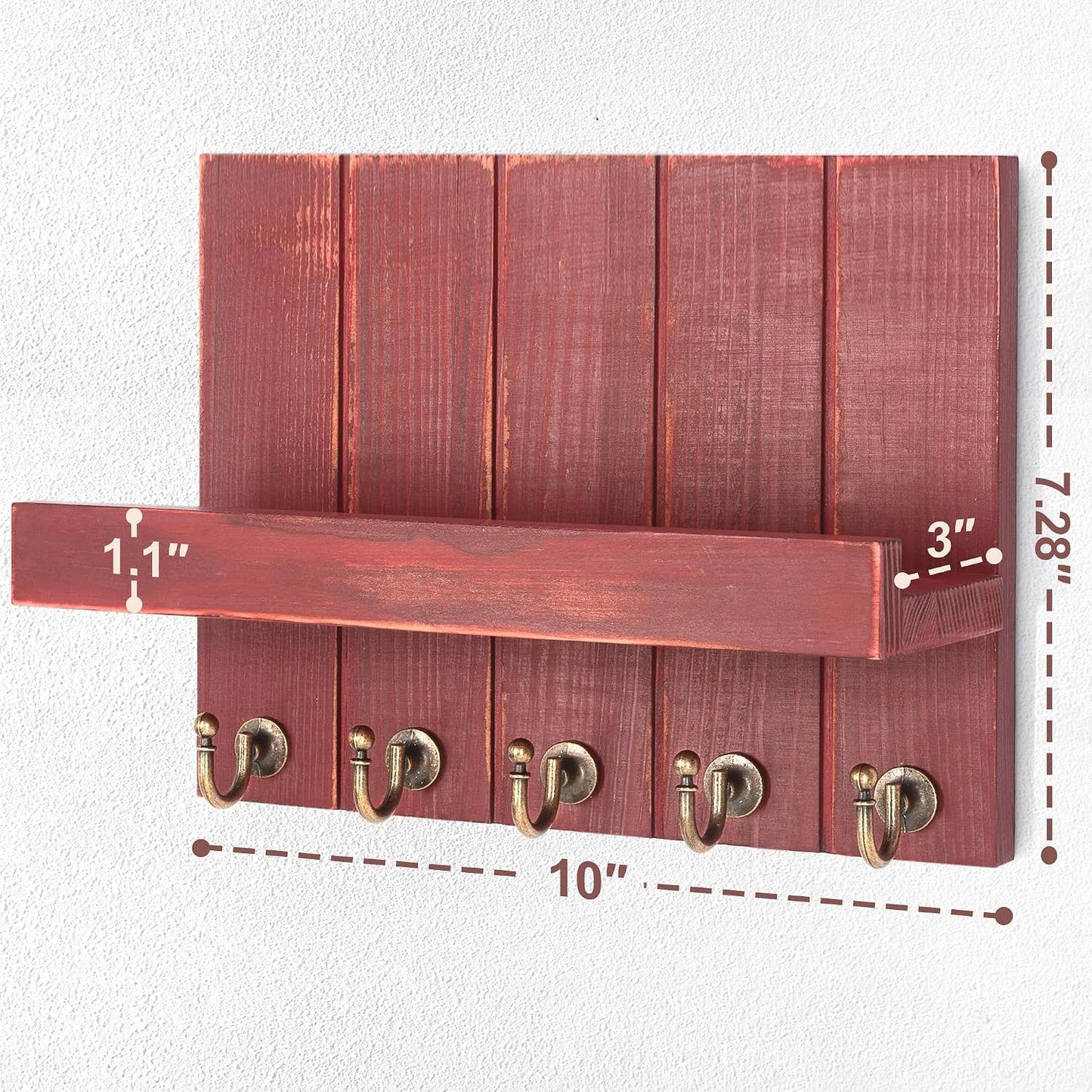 Rebee Vision Key Holder Wall Mount with 5 Key Hooks for Home Decor, Brown | 3.54'' x 10'' x 7.28'', Small Shelf for Display Plant, Key Hangers for Hat, Entryway Space-Saving Storage