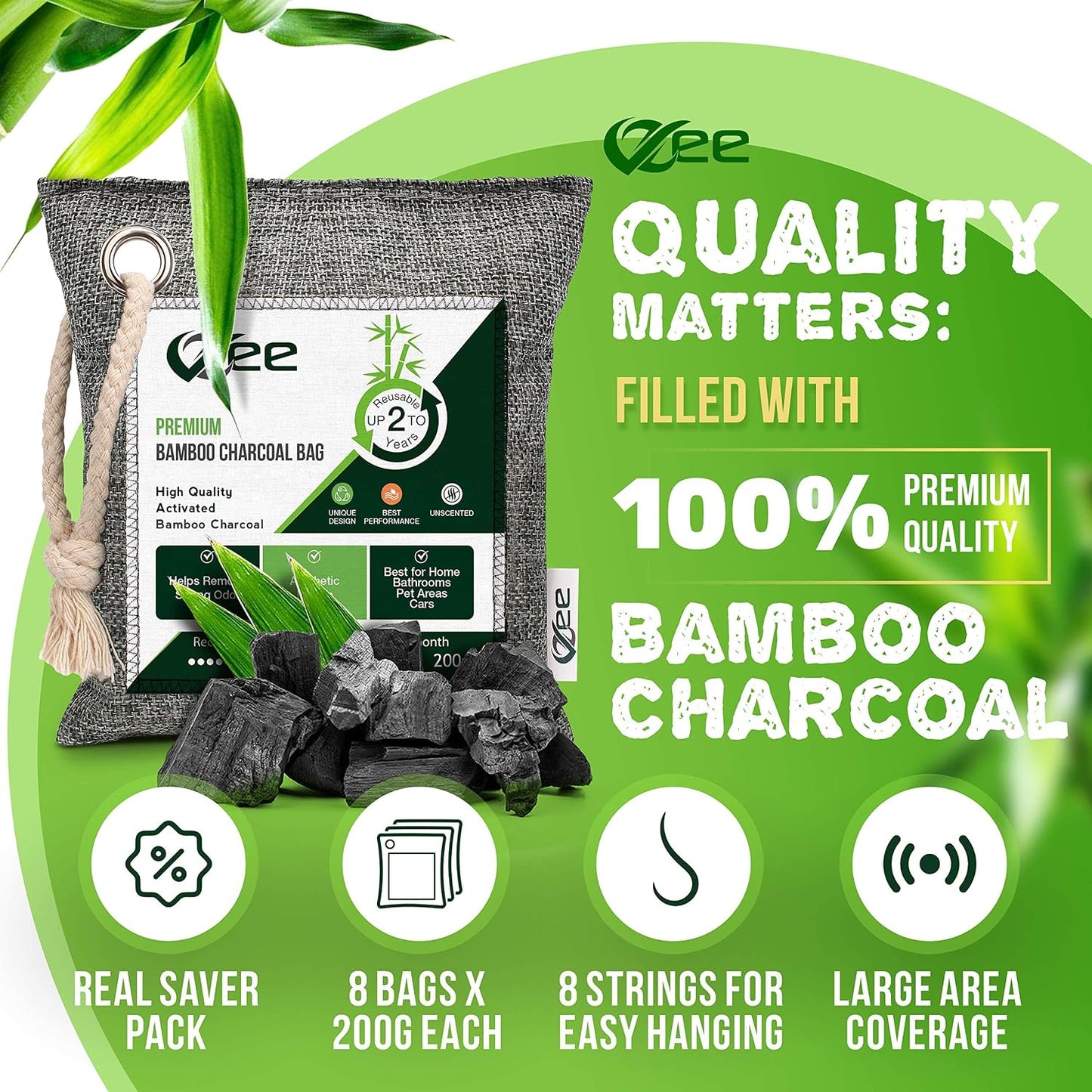 8 XL Bags x 200g Bamboo Charcoal Odor Absorber (1,600g Total),Activated Charcoal Air Purifying Bag, Odor Eliminator for Home, Basement, Smoke, Mothball, Pet, Car, Closet, Shoes