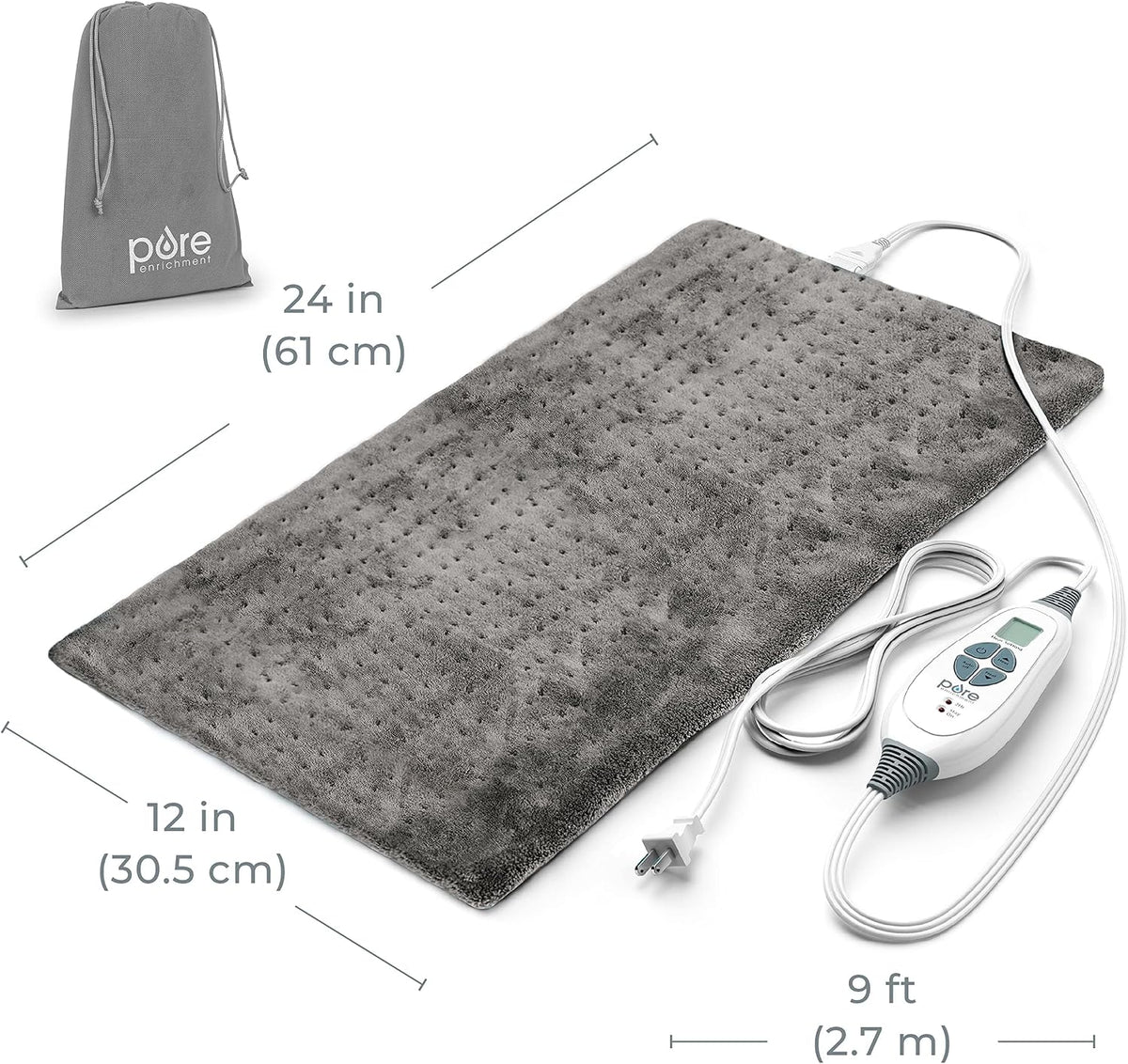 Pure Enrichment PureRelief XL Heating Pad - 12" x 24" Electric Heating Pad for Back Pain & Cramps, 6 Heat Settings, FSA/HSA Eligible, Soft Machine Wash Fabric, Auto-Off & Moist Heat (Zen Green)