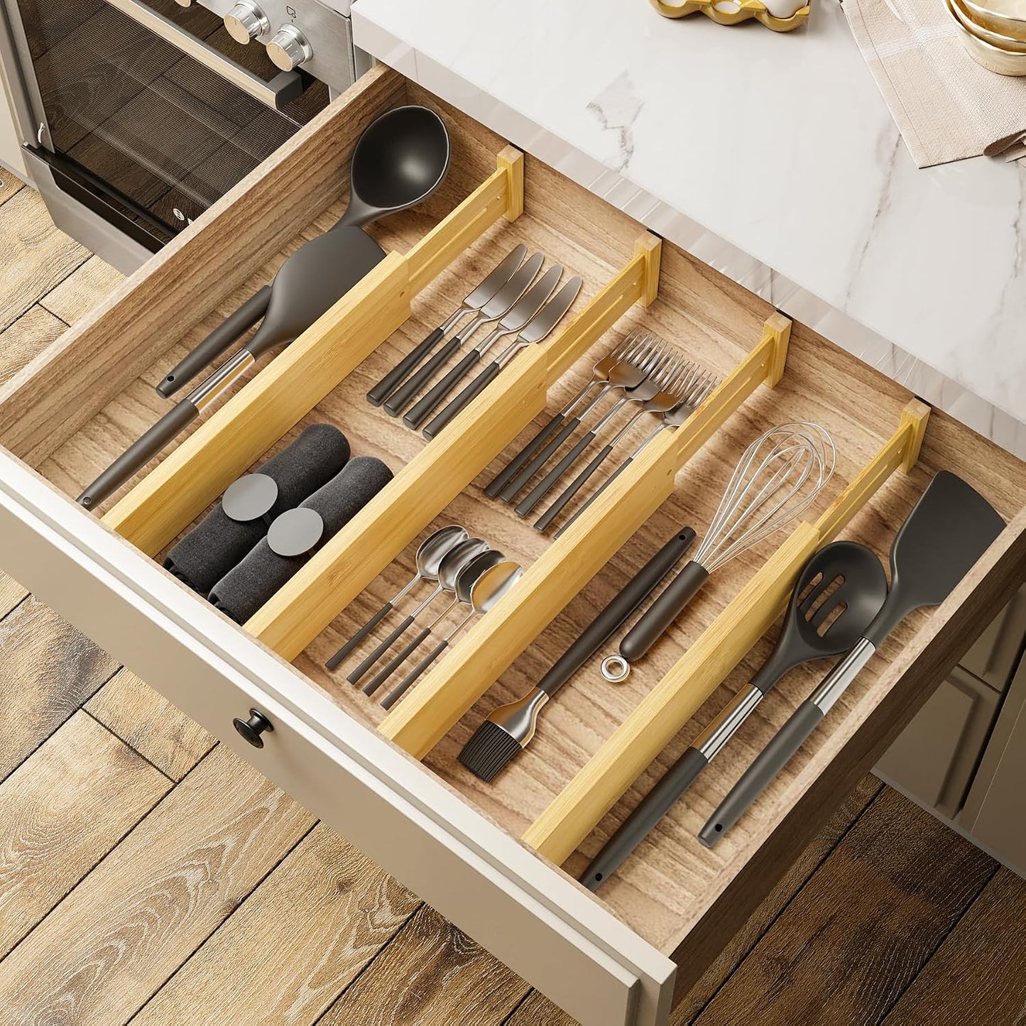 BAMEOS Bamboo Expandable Drawer Dividers – Fits 16.6"–22" Drawers, 2" High, Set of 4 | Spring-Loaded Bamboo Separator for Kitchen Island, Bathroom Vanity & Dresser Drawers