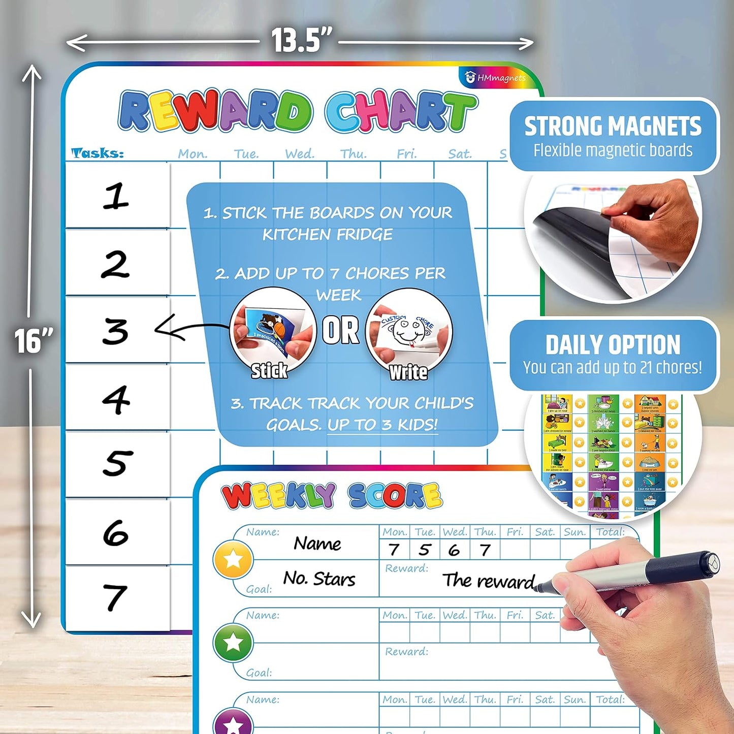 Large Magnetic Reward Chart for Kids - 127 Pre-Written Stickers (Including Potty Training) + 30 Customizable Chores - Behavior, Responsibility & Incentive Routine Star Chart for Fridge (1 Kid Version)