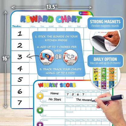Large Magnetic Reward Chart for Kids - 127 Pre-Written Stickers (Including Potty Training) + 30 Customizable Chores - Behavior, Responsibility & Incentive Routine Star Chart for Fridge (1 Kid Version)