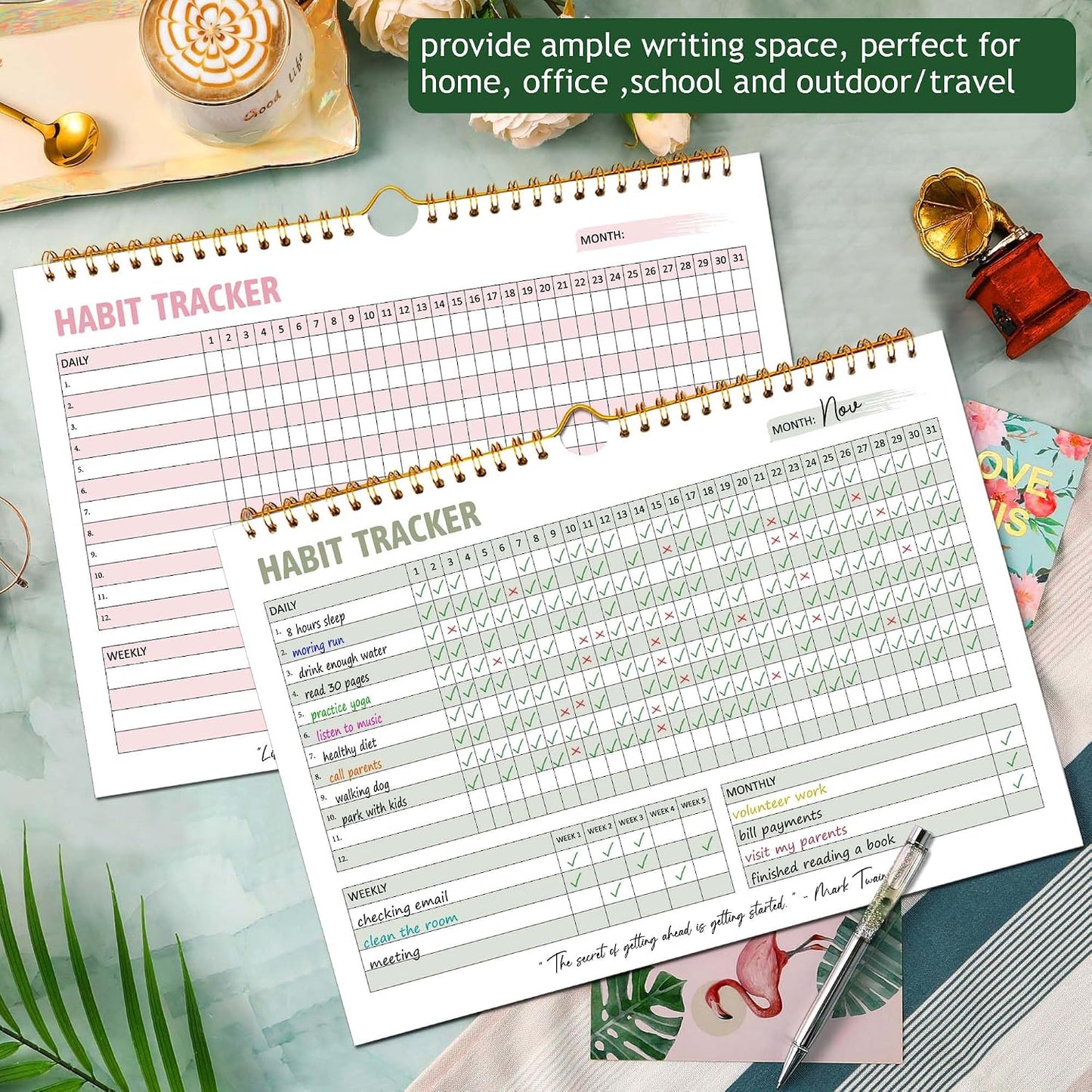 Habit Tracker Calendar, Aesthetic Daily Weekly Goal and Habit Tracker Journal, 12 Months Undated Habits Tracker Planner with Spiral Binding, Boost Productivity Tool and Workout Calendar, 11.7"x8.5"