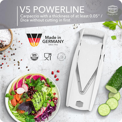 Mandoline Food Slicer Börner V5 (Profi Set) by Reston Lloyd • V-Slicer with 4 Inserts, Docking Station & Food Holder • Made in Germany • Fruit & Vegetable Chopper • Multiple Settings • Color: Lime