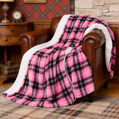 Heated Electric Blanket, Red Christmas Sherpa Plaid Throw Blanket