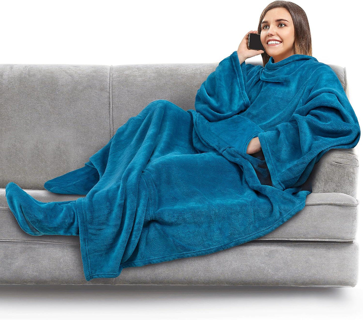 PAVILIA Fleece Blanket with Sleeves, Foot Pockets for Women Men Adults, Plush Wearable Blanket Throw Wrap, Warm Snuggle Blanket Robe, Cozy Gift Ideas Wife Mom, Dark Purple