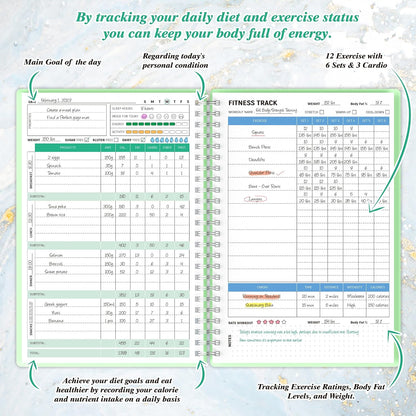Wellness Planner & Fitness Log - Daily Diet & Health Journal with Weight Loss, Wellness Journal Notebook for Tracking Fitness, Sleep, Nutrition, Meal, Habits, A5(5.8 x 8.6 inch) (Green)
