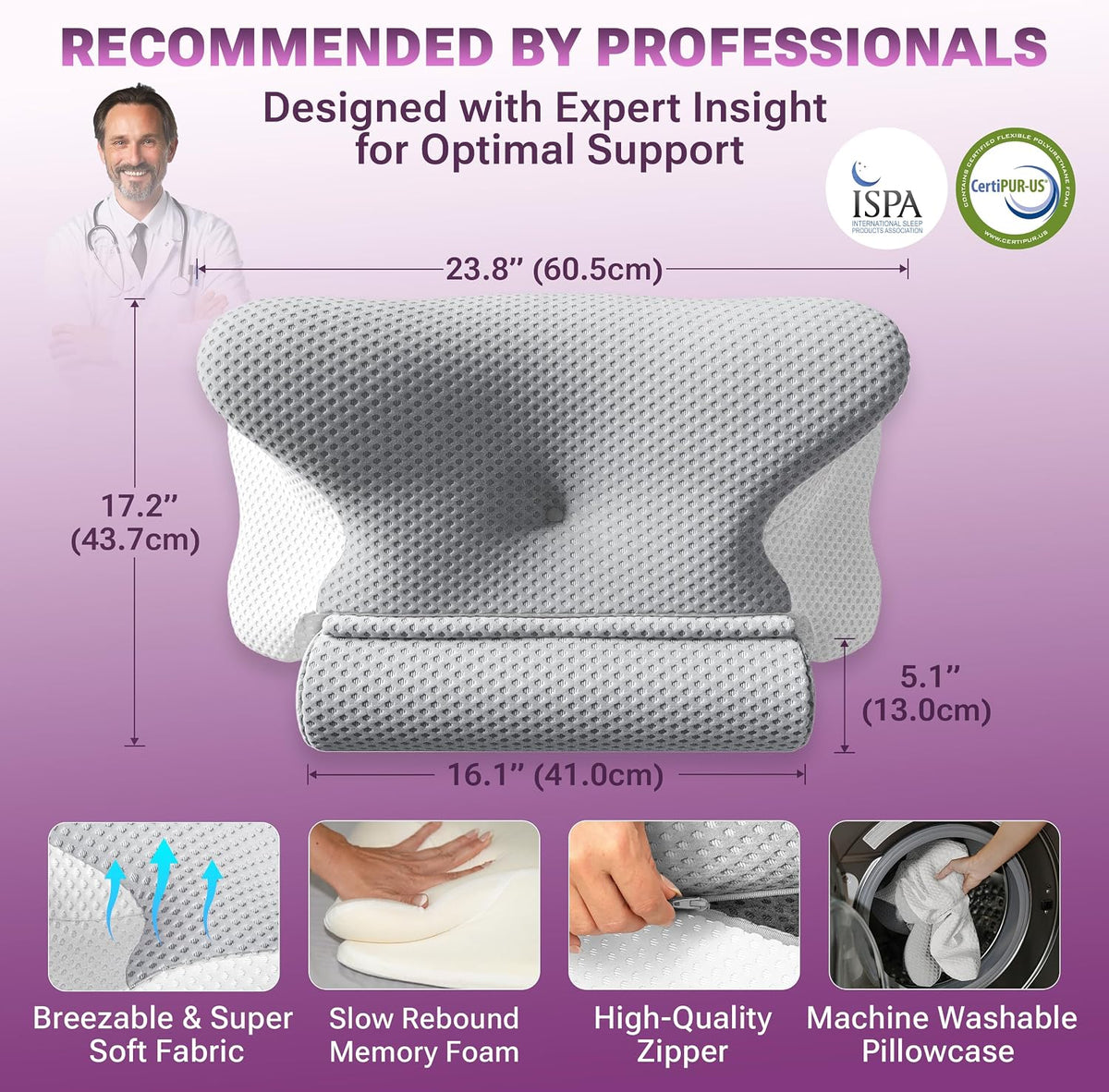 3-in-1 Orthopedic Pillow, Cervical Neck Pillow for Sleeping, Adjustable Height Memory Foam Neck Pillow and Detachable Roll, Contour Pillow for Neck Pain Relief for All Sleeping Positions (Gray)