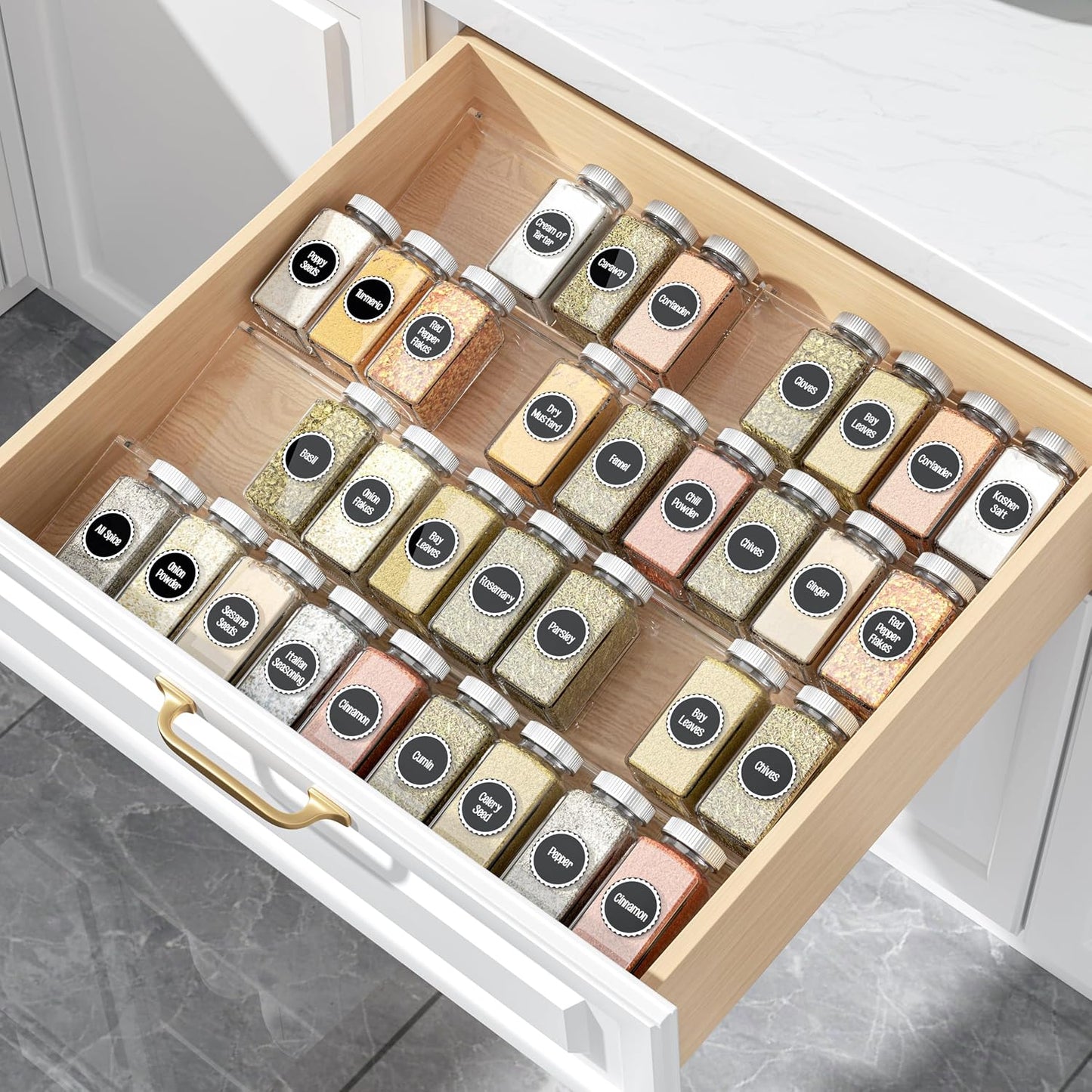 MIUKAA Clear Acrylic Spice Drawer Organizer, 4 Tier- 2 Set Expandable From 9" to 18" Seasoning Jars Drawers Insert, Kitchen Spice Rack Tray for Drawer/Countertop (Jars not included)