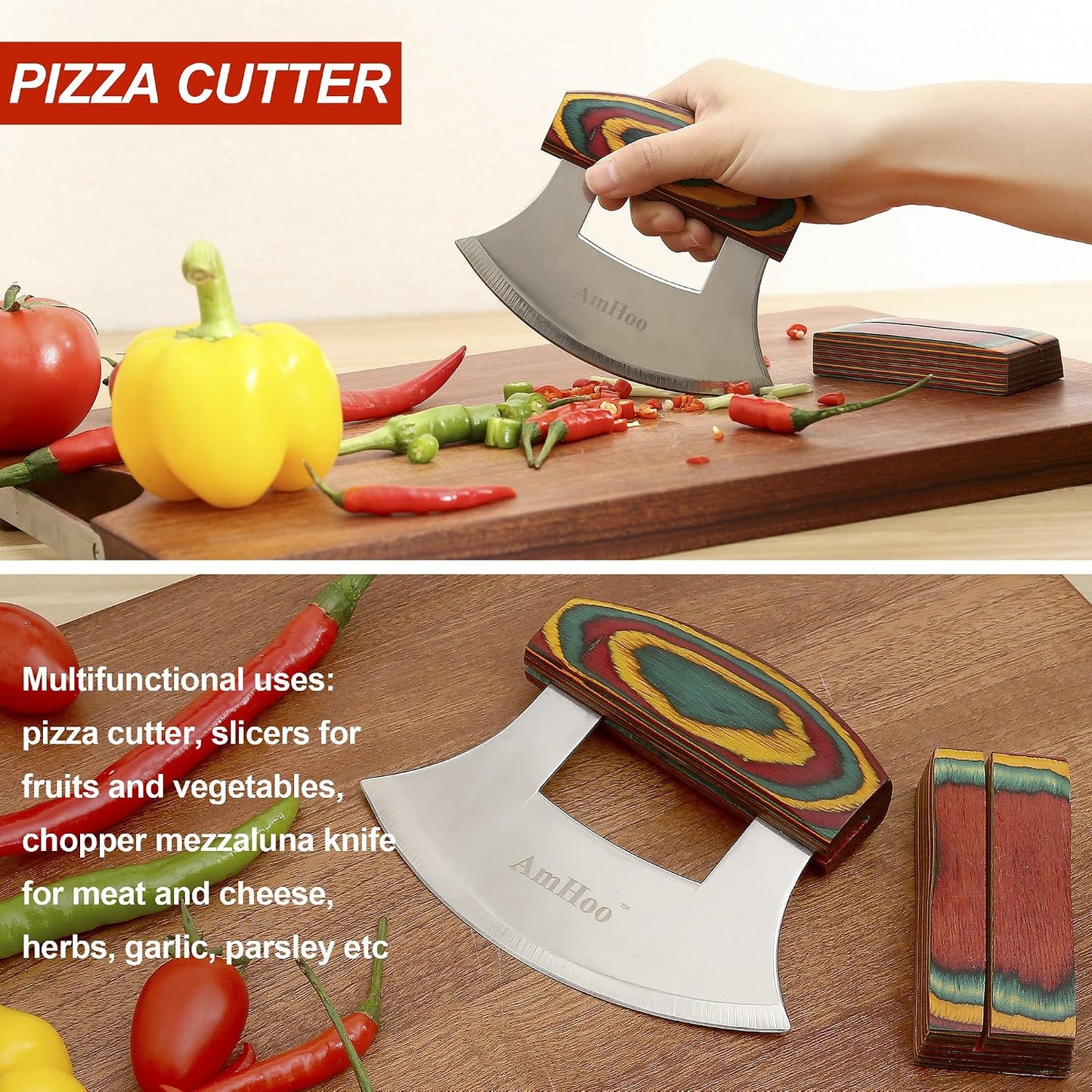 Pizza Cutter Chef Mezzaluna Ulu Knife Handle Color Wood Grip Sharp Rocker Slicer Stainless Steel Blade Salad Onion Vegetable Chopper with Holder Base Christmas Gifts