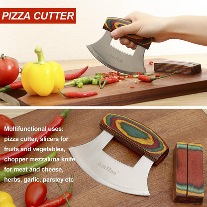 Pizza Cutter Chef Mezzaluna Ulu Knife Handle Color Wood Grip Sharp Rocker Slicer Stainless Steel Blade Salad Onion Vegetable Chopper with Holder Base Christmas Gifts