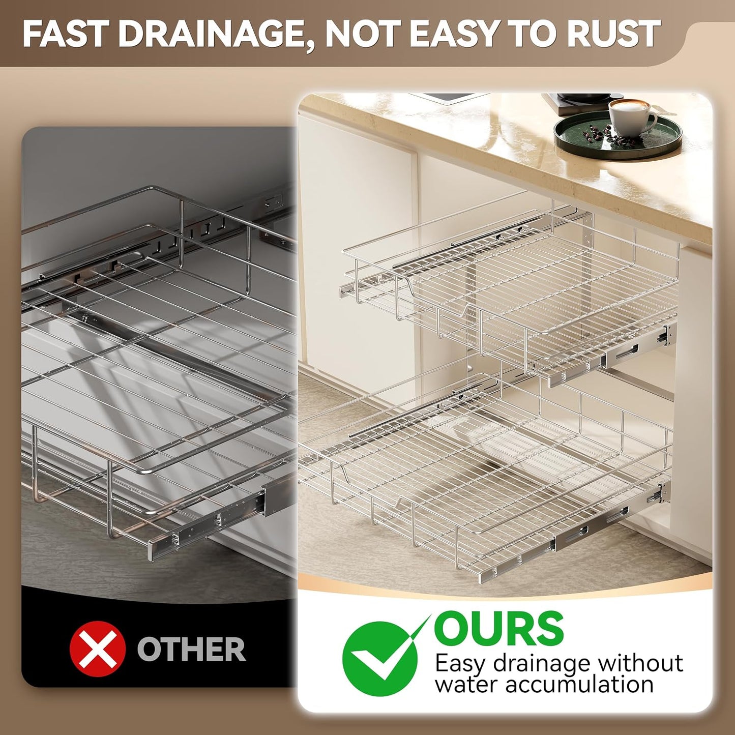 Pull Out Cabinet Organizer 15" W X 22" D, Chromed, Full Slide Out Drawers | For Kitchen Organizers and Storage, Pull Out Drawers For Cabinets Capacity Heavy Duty Caddy, Cabinet Shelves, Bathroom Pantry