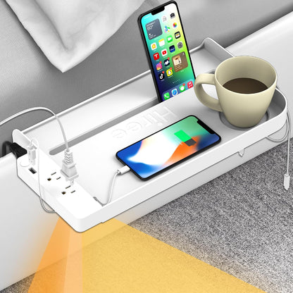 Bedside Shelf for Dorm Bunk Bed with USB Charging Port and 2 AC Outlets, Bedside Caddy, Attachable Bedside Table, College Dorm Essential Clip On Bedside Tray, Bunk Bed Accessories, Bedroom Furniture