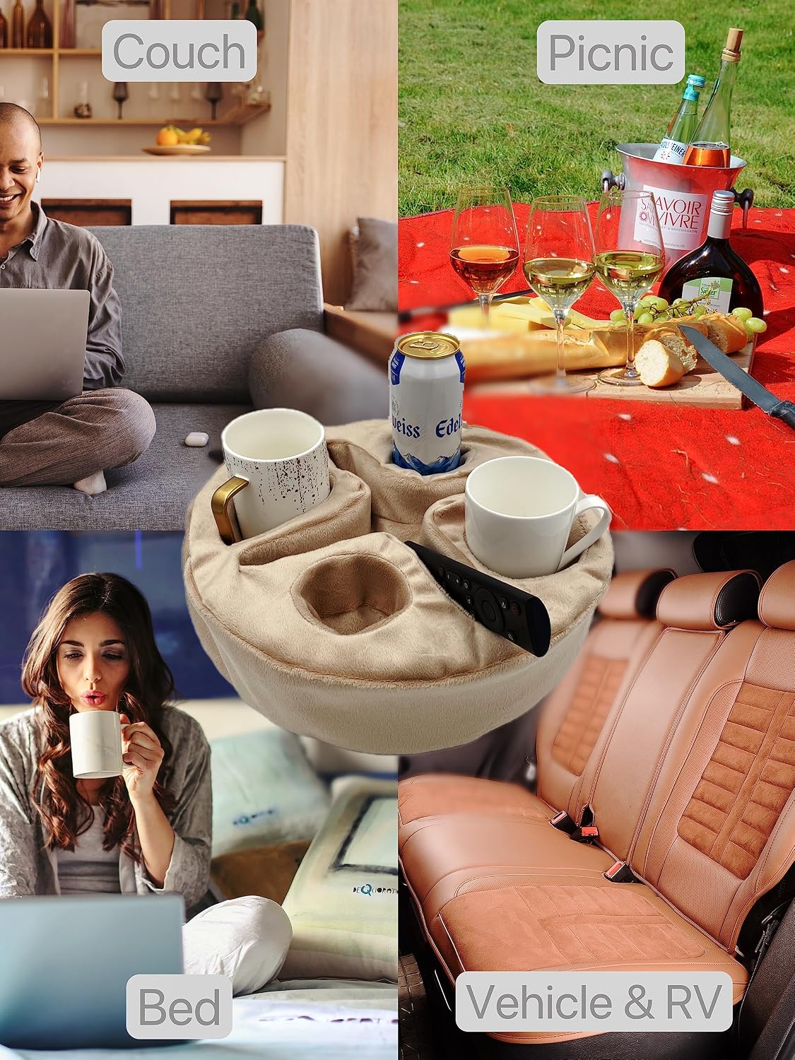 Xchouxer Couch and Bed Cup Holder Pillow, Sofa Organizer Caddy for Drinks, Remotes, Phones, Snacks (Beige)