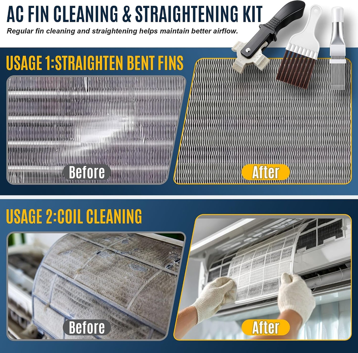 3 Piece Air Conditioner Condenser Fin Comb Kit, Fin Straightening Tool, Coil Cleaner Stainless Steel Comb and Evaporator Radiator Cleaning Whisk Brush for Condenser or Evaporator Units