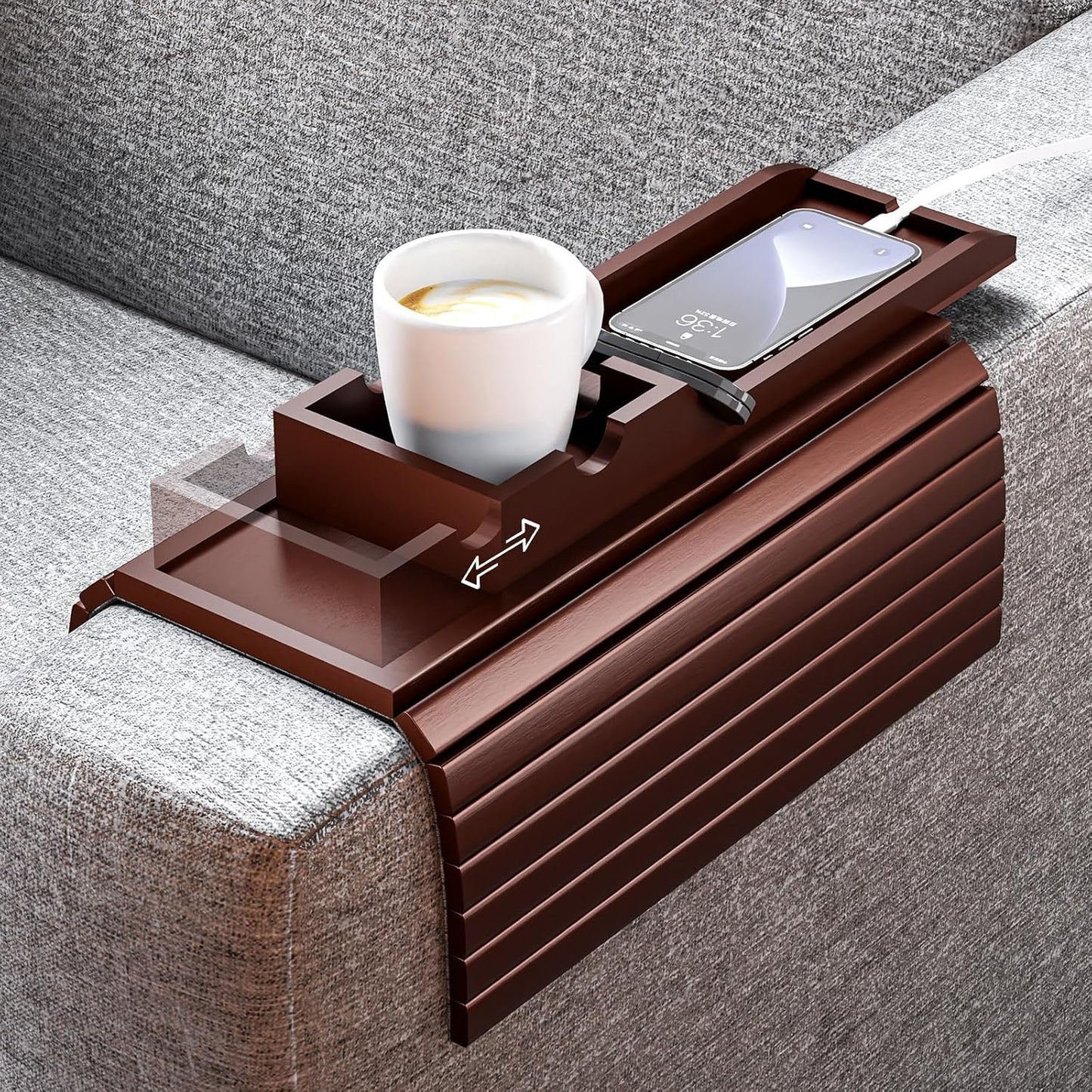 Bestjing Bamboo Sofa Armrest Tray - Couch Arm Tray with Detachable Couch Cup Holder - 2 in 1 Anti-Slip Foldable Sofa Armchair Caddy Table for Drinks Cellphone TV Remote Snacks