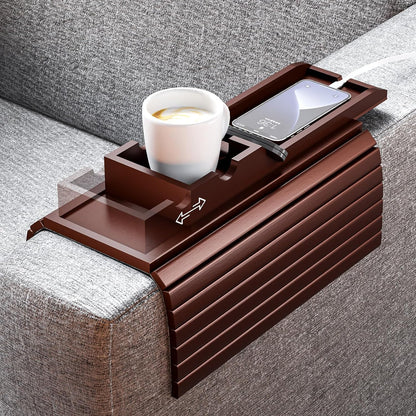 Bestjing Bamboo Sofa Armrest Tray - Couch Arm Tray with Detachable Couch Cup Holder - 2 in 1 Anti-Slip Foldable Sofa Armchair Caddy Table for Drinks Cellphone TV Remote Snacks