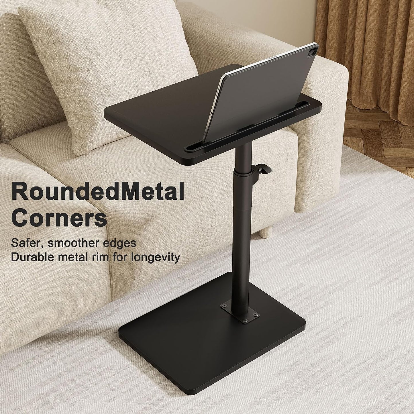 YUHFERA Sofa Armrest Tray Table for Couch - 360° Swivel Height Adjustable End for Small Spaces, Snack Side Table for Bed or Chair with Phone & Tablet Slot (Rustic,Standard)