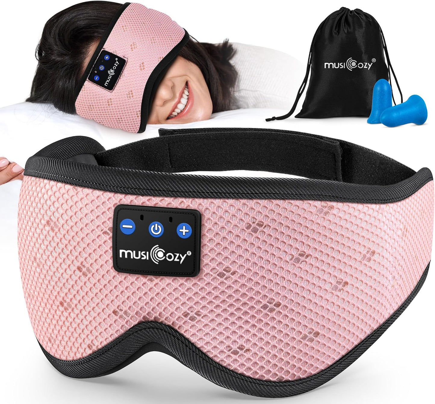 MUSICOZY Bluetooth Sleep Mask Headphones for Side Sleepers | Soft Mesh Eye Masks With Ultra-Thin Speakers, HD Audio, Comfortable Fit For Sleeping, Travel and Relaxation