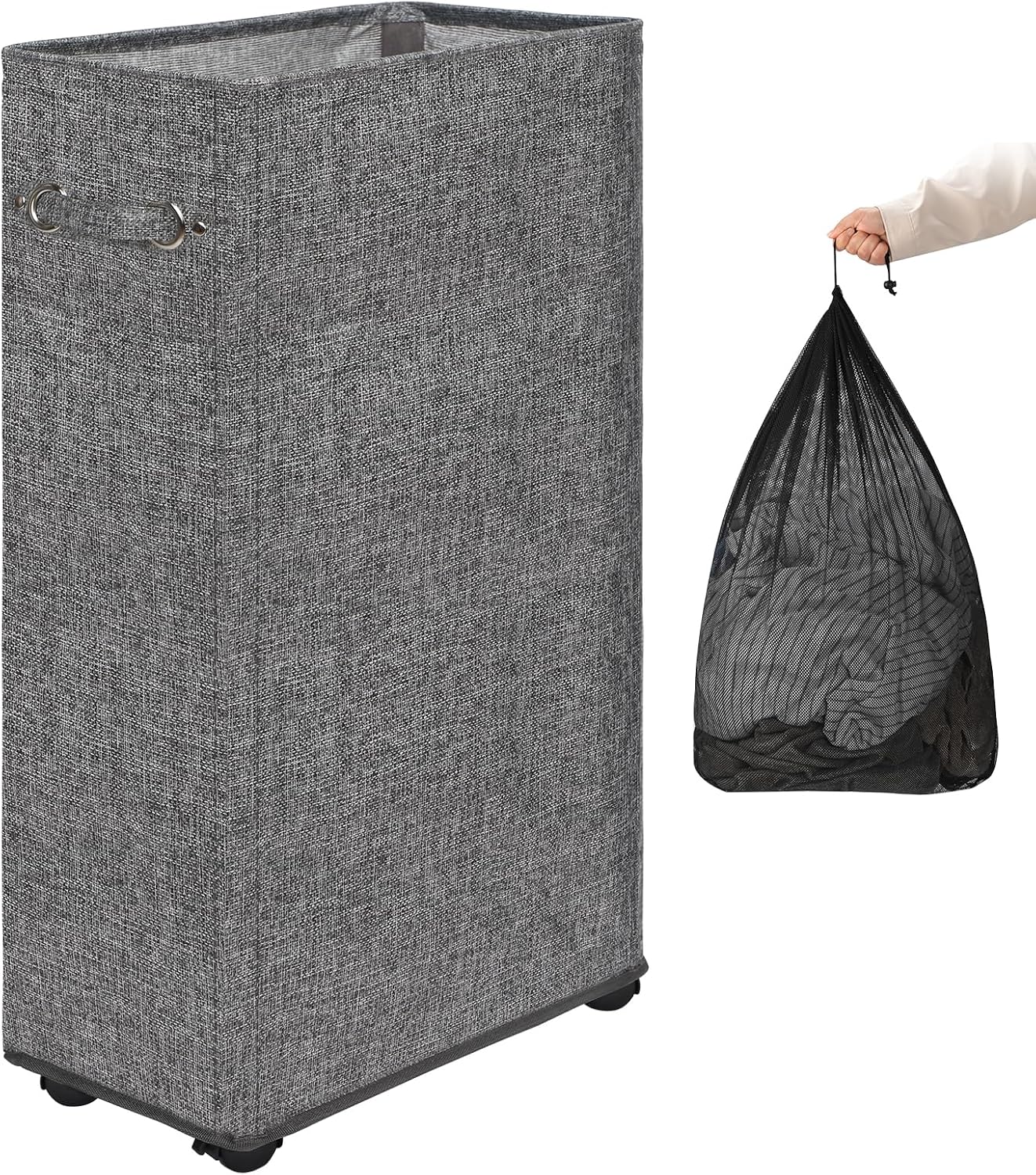 DOKEHOM 25" Slim Rolling Laundry Basket Hamper, Narrow on Wheels, Grey | Collapsible narrow laundry hamper with mesh drawstring closure. Foldable corner clothes storage bin for small spaces