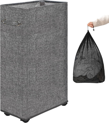 DOKEHOM 25" Slim Rolling Laundry Basket Hamper, Narrow on Wheels, Grey | Collapsible narrow laundry hamper with mesh drawstring closure. Foldable corner clothes storage bin for small spaces