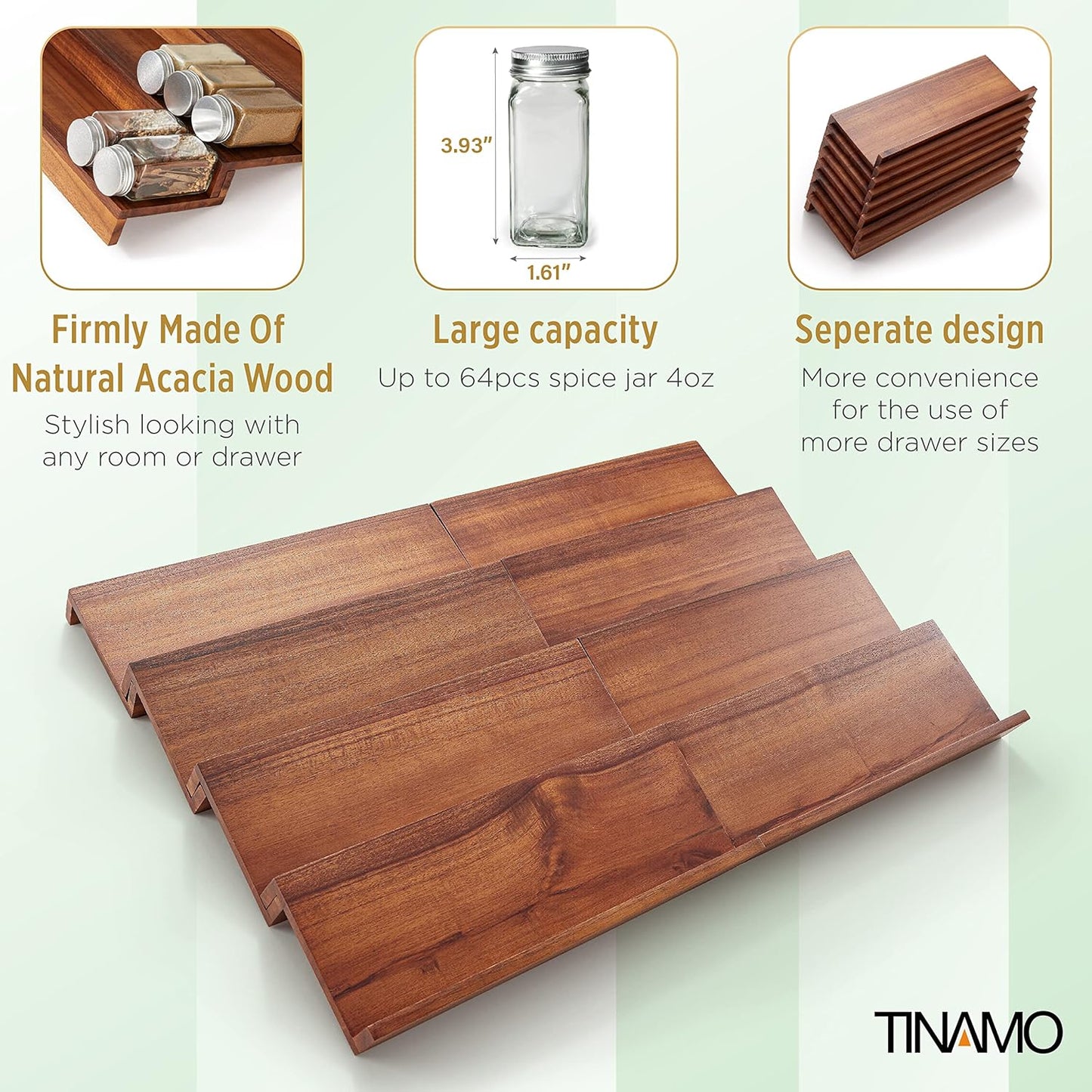 Tinamo Acacia Wood 4-Tier Spice Rack Organizer for Cabinet, Pack of 8 Pcs | Solid Acacia Wood Construction, No assembly, Stackable 4-tray design, Spacious for up to 64pcs 4oz Jars, Easy to Clean
