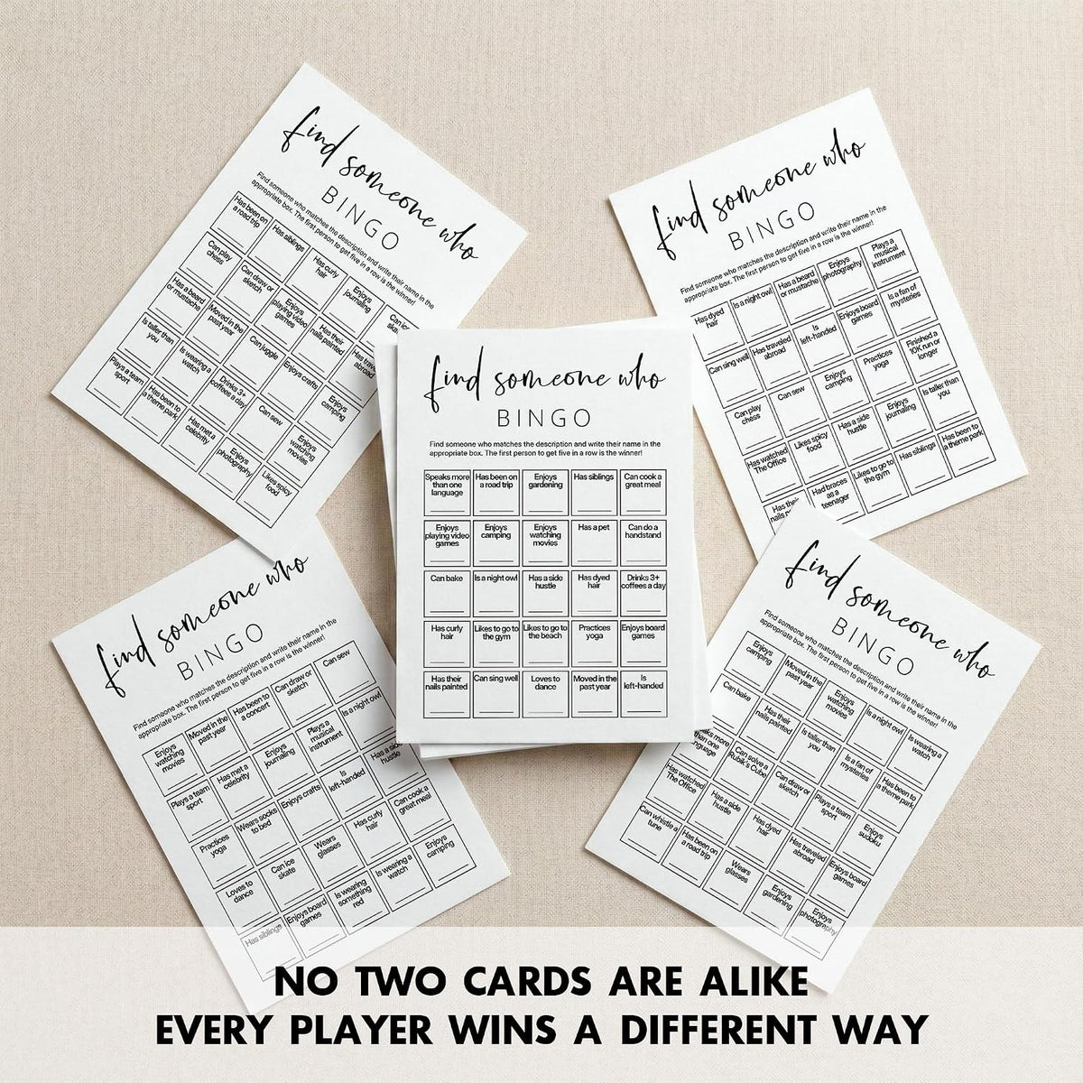 Find Someone Who Bingo Cards, 25 Unique 5x7 Sheets, Get to Know You Activity, Team Building Games for Work, Ice Breakers Games for Office Party-A04
