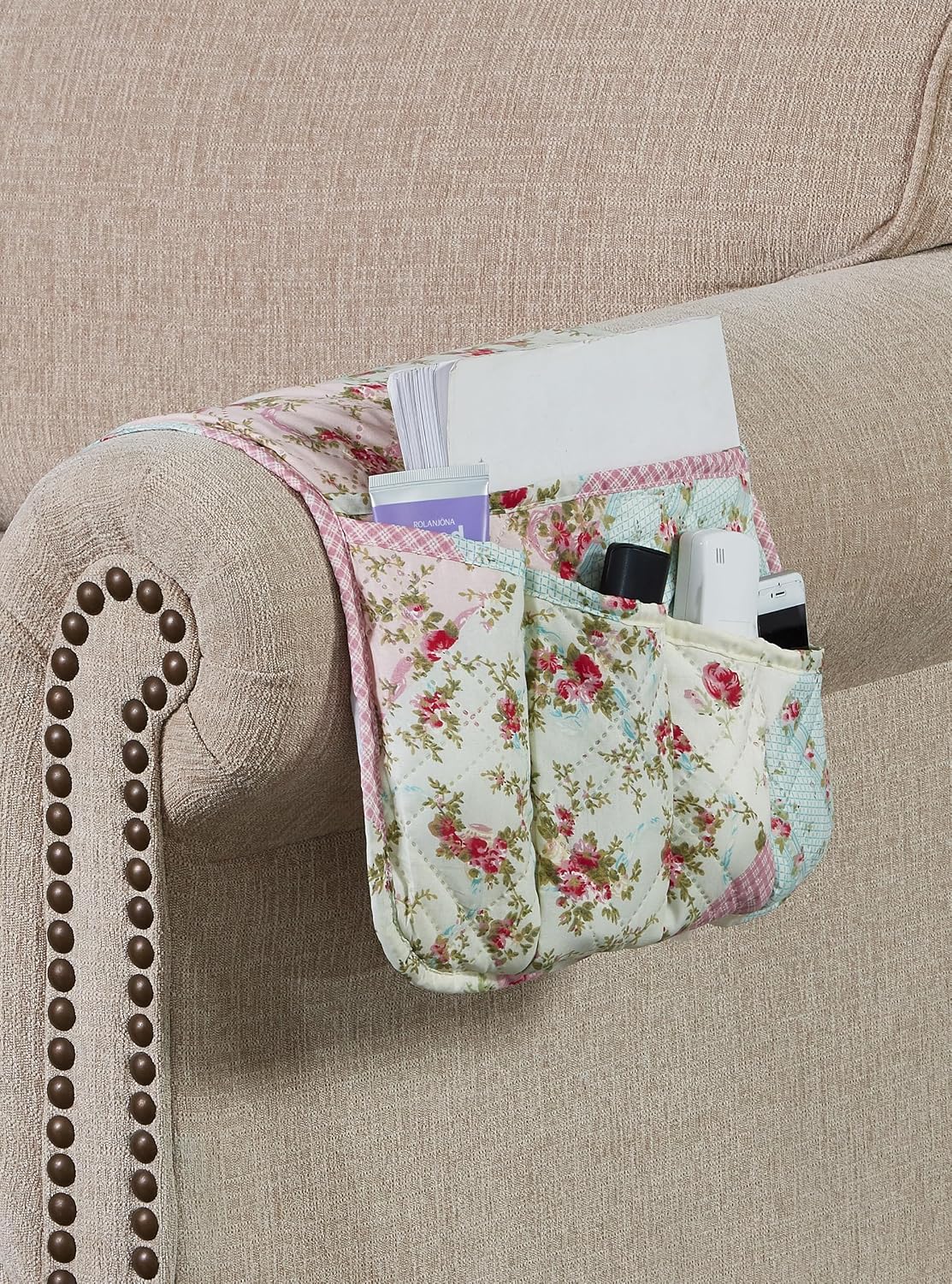 Brilliant Sunshine Burgundy Toile Floral Couch Armrest Cover, 35"×13" | Washable Magazine Holder, Armrest Organizer & Caddy on Sofa, Recliner, Armchair, Storage for Remote Controls, Phone, iPad