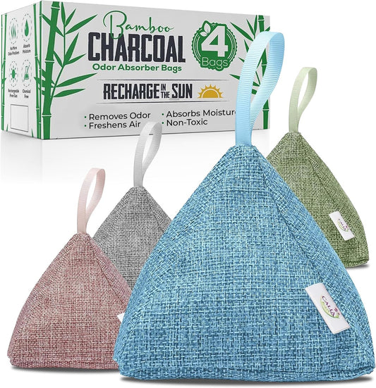 4 Pack Bamboo Charcoal Air Purifier Bags 200 Grams Each - Activated Charcoal Odor Absorber for Car, Pets & Closet - Natural Freshener for Home, Eco-Friendly & Reusable Charcoal Bags (Designer Colors)