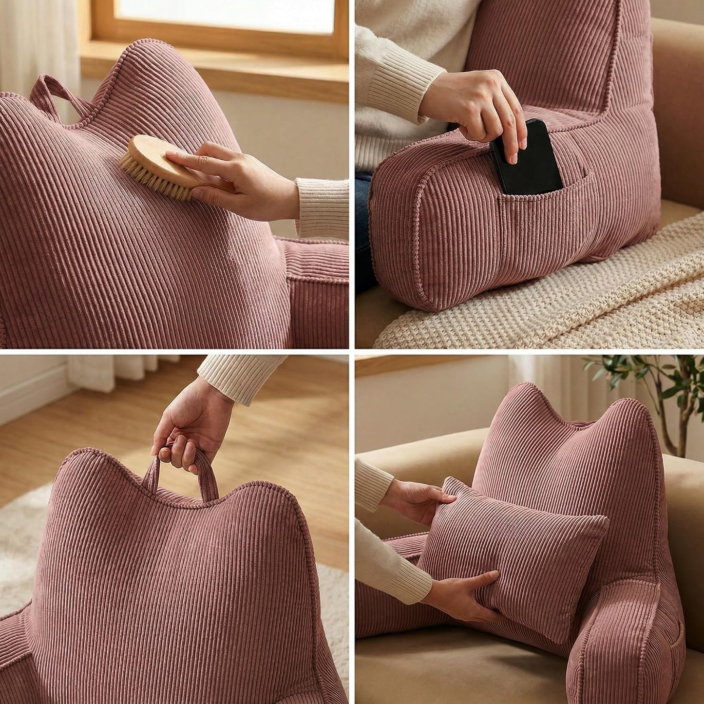 Patented Design Reading Pillow with Arms for Sitting Up, 2-in-1 Bed Rest Pillow with Detachable Lumbar Support, Backrest Support Cushion for Couch with Side Pockets & Handle, Beige Gray