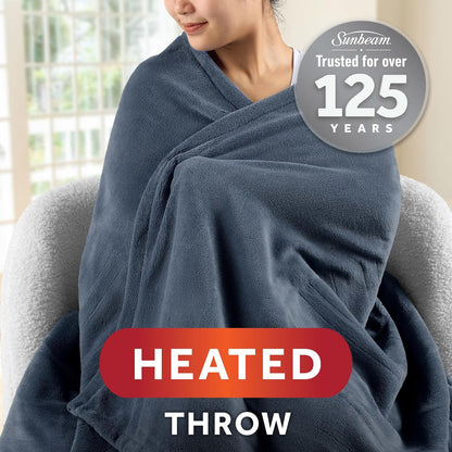 Sunbeam Royal Posh Dove Grey Heated Personal Throw / Blanket, Cozy-Warm, Adjustable Heat Settings