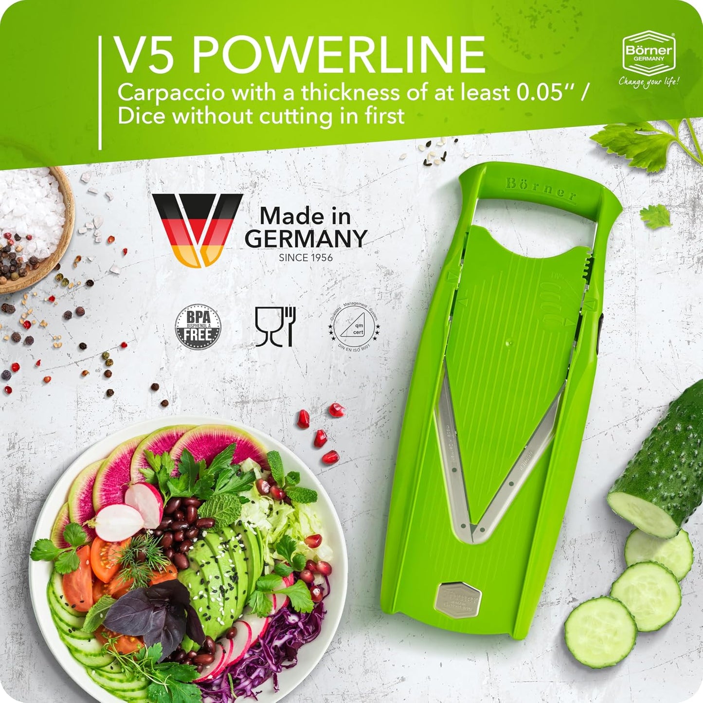 Mandoline Food Slicer Börner V5 (Starter Set) by Reston Lloyd • V-Slicer with Food Holder • Made in Germany • Fruit & Vegetable Chopper • Multiple Settings • Color: White