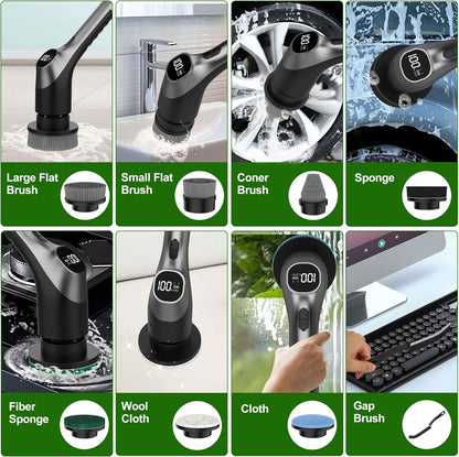 Electric Spin Scrubber, Electric Shower Scrubber for Bathroom | Cleaning Brush Power Scrubber, LCD Display, 7 Brush Heads, IPX7 Waterproof, 2 Speed Shower Cleaner for Bath Tub Floor Tile