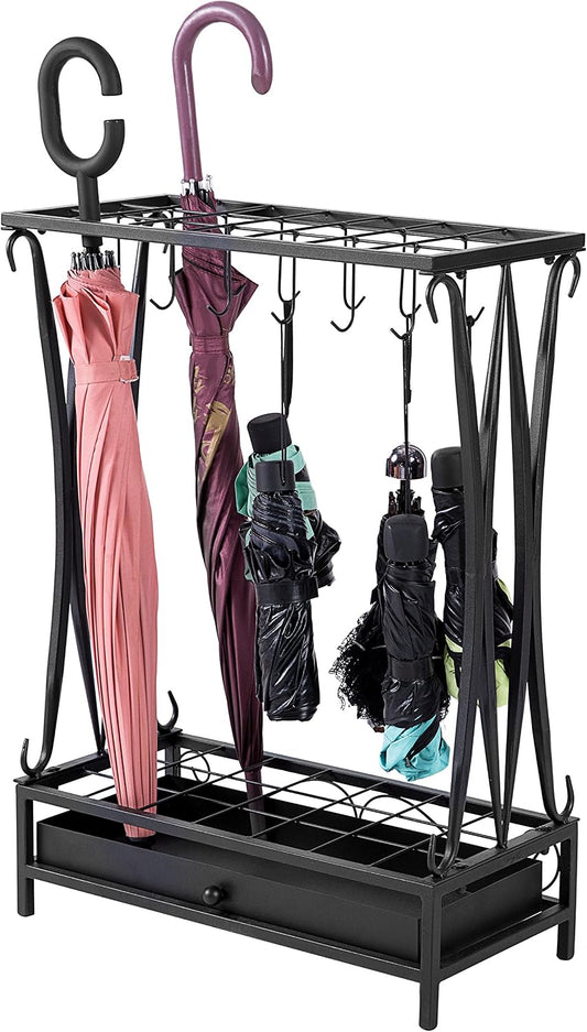 MyGift Modern Black Metal Umbrella Rack with 21 Slots and 12 Hooks and Removable Base Drip Tray