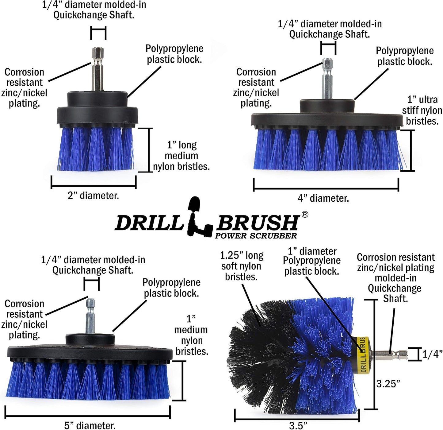 Drillbrush Multipurpose Cleaning Brush Set - Grout, Tile, Shower, Brick | Drill Brush Attachments for Cleaning Car Seats, Stone, Fiberglass, Griddles, and More - Truck/Car Detailing Drill Attachment