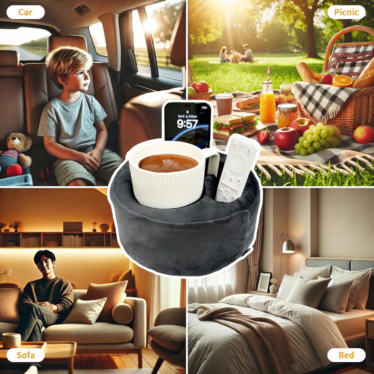 Xchouxer Couch Cup Holder Pillow, Sofa and Bed Organizer Caddy for Drinks, Remotes, Phones (Gray)