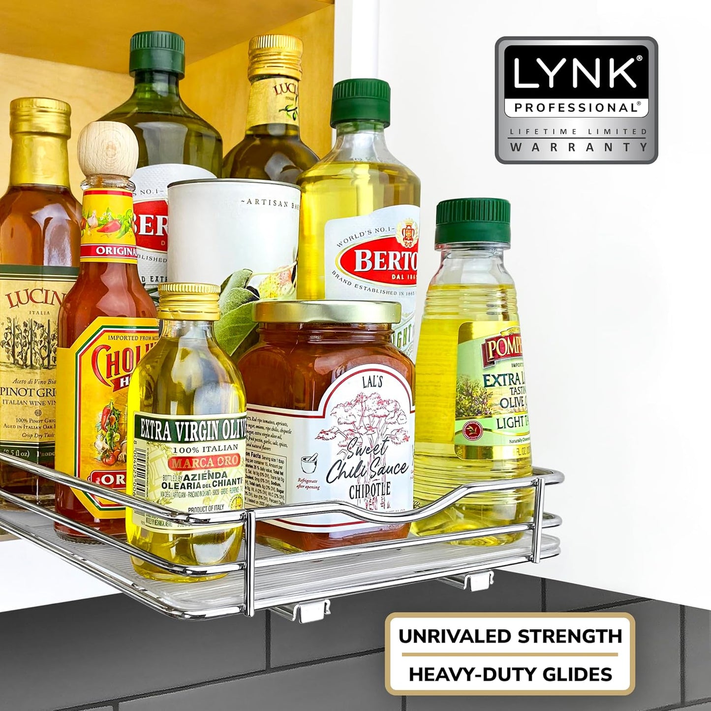 LYNK PROFESSIONAL® Pull Out Spice Organization for Cabinets - 4-3/8 inch Wide – Spice Rack for Inside Cabinets, Slide Out Spice Rack Organizer for cabinet – Pull Out Spice Rack, Sliding 2 Tier Chrome
