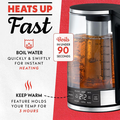 Gourmia Programmable Digital Glass Kettle – 1.7L Adjustable Temperature Electric Kettle with 6 Presets, Keep Warm, Stainless Steel Tea Infuser, 360° Swivel Base, Black