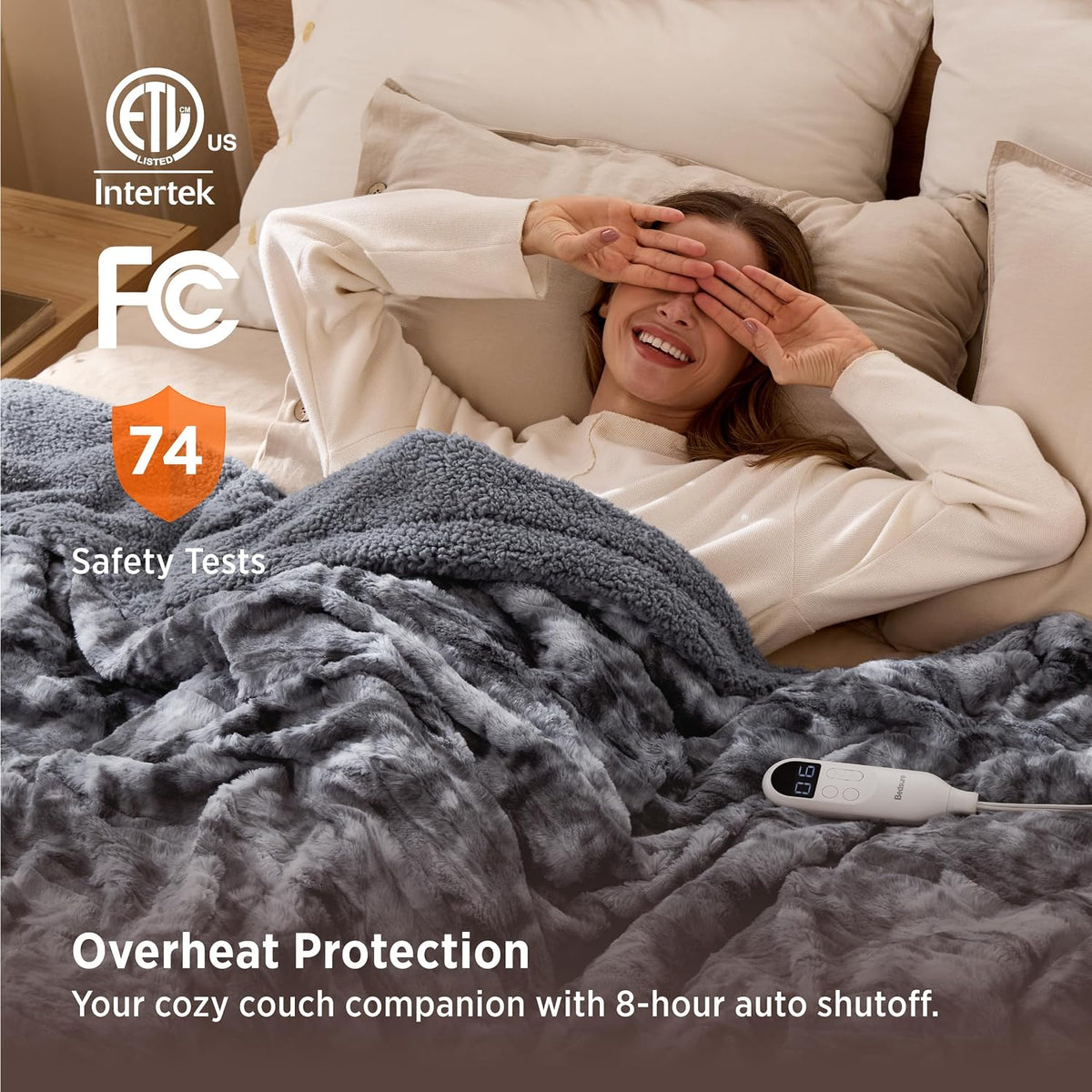Bedsure Heated Blanket Throw, Soft Electric Blanket with Preheat, Cream