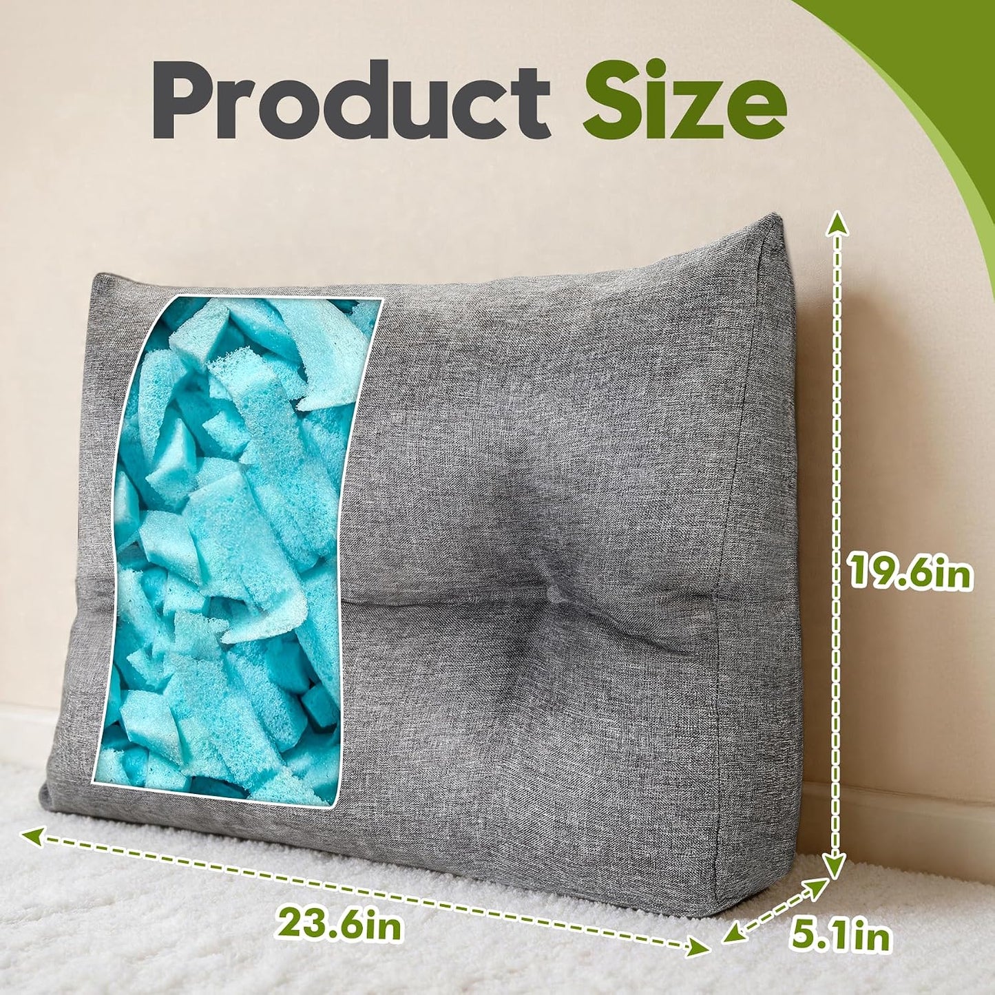 Back Cushion for Couch Wedge Lumbar Support Backrest Pillow with Shredded Foam Filled and Side Pocket Sofa Back Cushions for Sitting & Reading, 23.6×19.6×5.1Inch