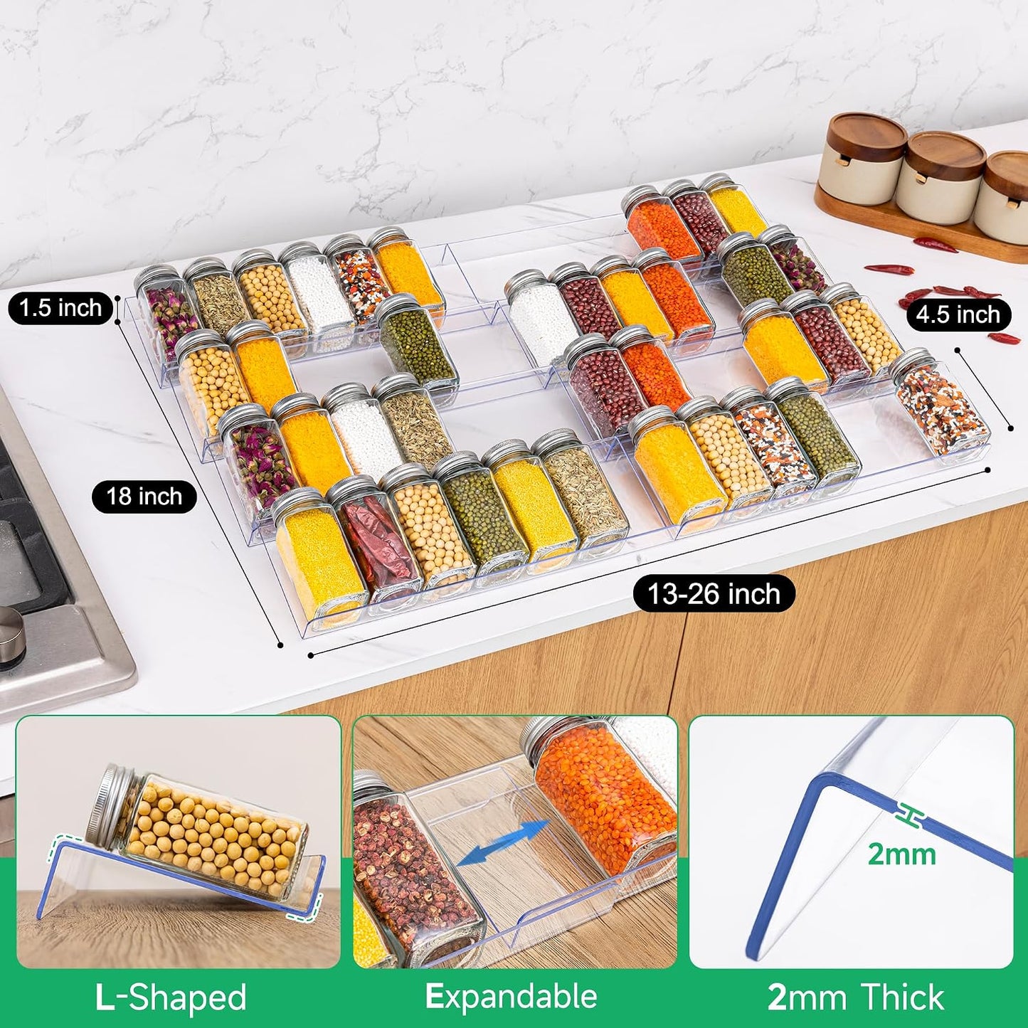 Imncya 8 Pack Spice Rack for Kitchen Drawer, Spice Drawer Organizer | Spice Storage, Expandable From 13" to 26", Spice Rack Tray for Cabinet, Countertop (Clear Acrylic, Jars not included)