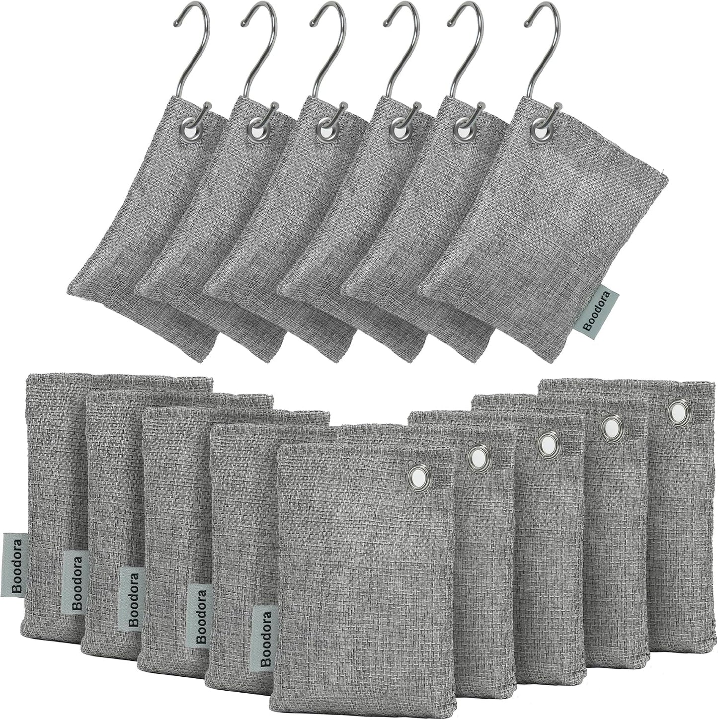 Activated Charcoal Bags Air Purifying 15 Pack, Bamboo Charcoal Odor Absorber for Home Closet Car Shoes, 70g Gray, Natural Odor Neutralizer, Moisture Absorber, Reusable up to 2 Years, 6 Hooks