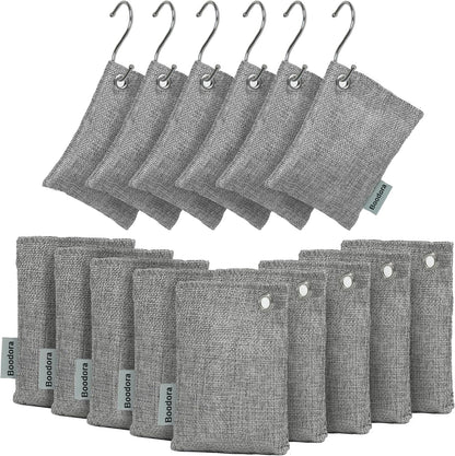 Activated Charcoal Bags Air Purifying 15 Pack, Bamboo Charcoal Odor Absorber for Home Closet Car Shoes, 70g Gray, Natural Odor Neutralizer, Moisture Absorber, Reusable up to 2 Years, 6 Hooks